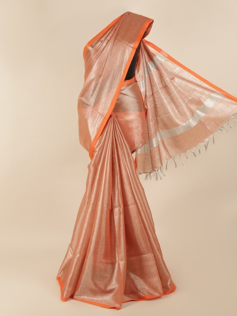 

Pothys Orange & Silver-Coloured Zari Linen Blend Saree
