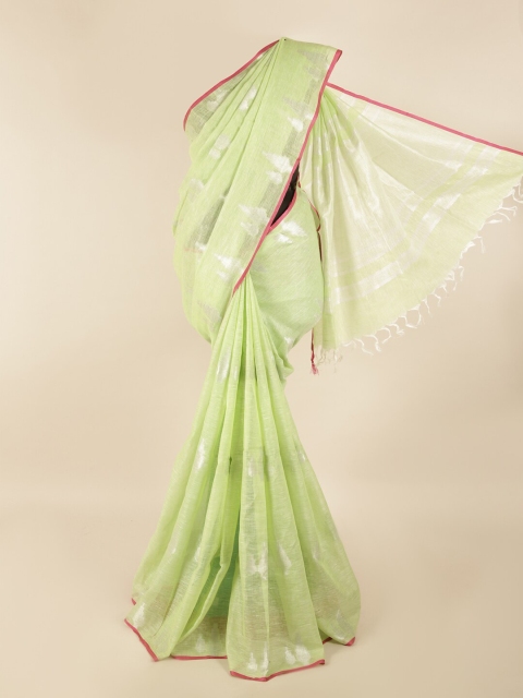 

Pothys Green & Silver-Coloured Ethnic Motifs Zari Linen Blend Saree