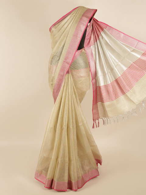 

Pothys Cream-Coloured & Pink Zari Linen Blend Saree