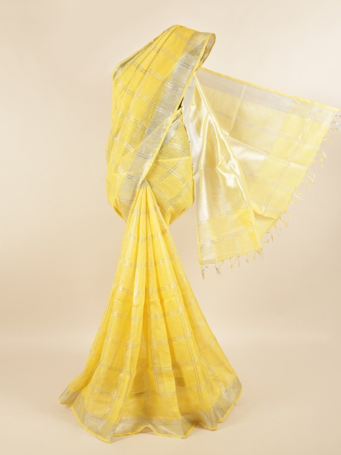 

Pothys Yellow & Silver-Coloured Checked Zari Linen Blend Saree