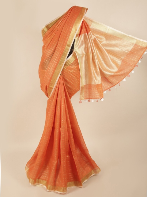 

Pothys Orange & Gold-Coloured Checked Zari Linen Blend Saree