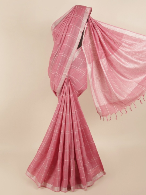

Pothys Pink & Silver-Coloured Checked Zari Linen Blend Saree