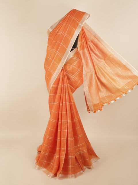 

Pothys Orange & Silver-Coloured Checked Zari Linen Blend Saree