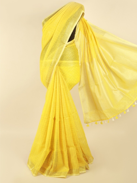 

Pothys Yellow & Gold-Coloured Checked Zari Linen Blend Saree