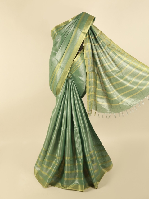

Pothys Green & Gold-Coloured Striped Zari Linen Blend Saree