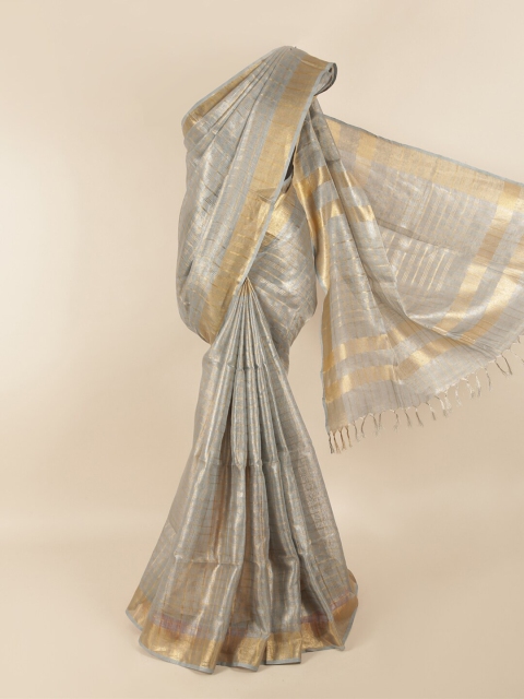 

Pothys Grey & Gold-Coloured Checked Zari Linen Blend Saree