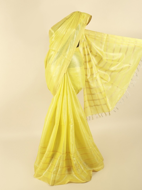 

Pothys Yellow & Gold-Coloured Striped Zari Linen Blend Saree