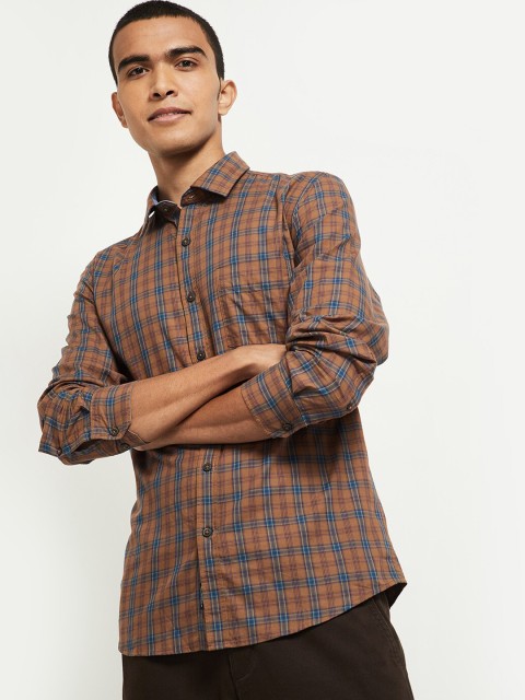 

max Men Mustard Brown & Blue Opaque Tartan Checked Cotton Casual Shirt