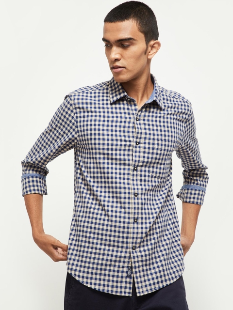 

max Men Beige & Blue Opaque Gingham Checked Cotton Casual Shirt