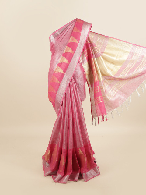 

Pothys Pink & Silver-Coloured Woven Design Zari Linen Blend Saree