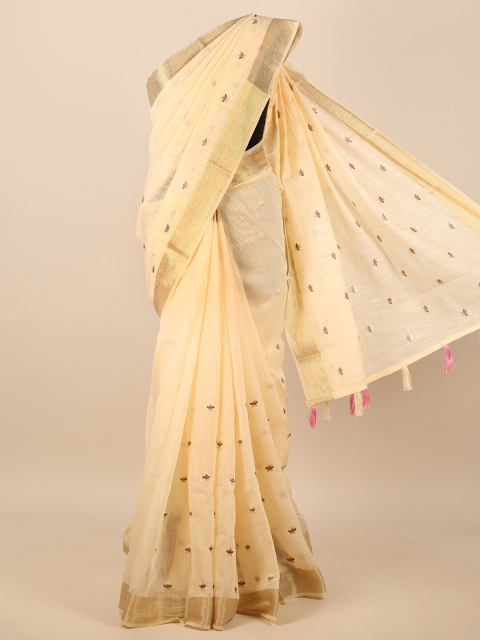 

Pothys Cream-Coloured & Pink Floral Embroidered Zari Saree