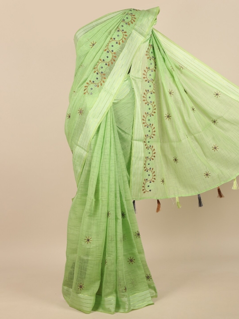 

Pothys Green & Brown Floral Embroidered Mirror Work Saree