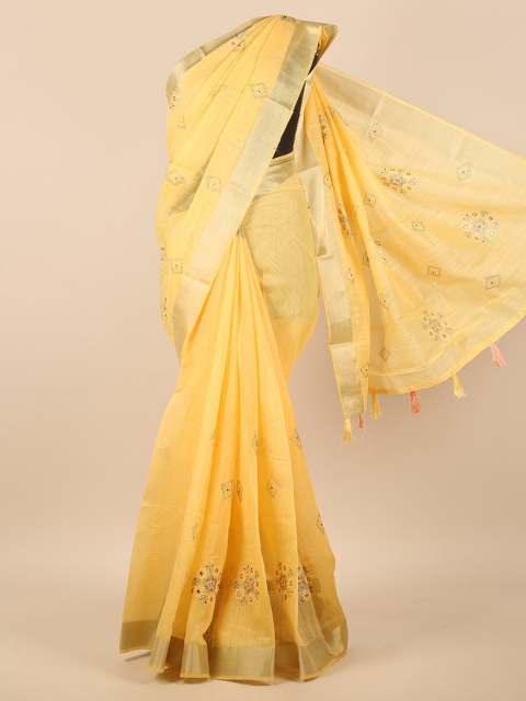 

Pothys Yellow & Gold-Toned Floral Embroidered Zari Saree