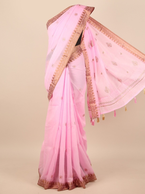 

Pothys Pink & Gold-Toned Floral Embroidered Zari Saree
