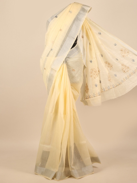 

Pothys Cream-Coloured & Gold-Toned Floral Embroidered Zari Saree