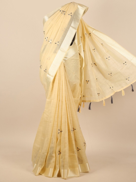 

Pothys Cream-Coloured & Gold-Toned Floral Embroidered Zari Saree