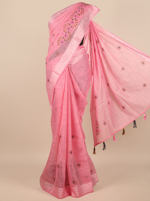 

Pothys Pink & Gold-Toned Floral Embroidered Zari Saree