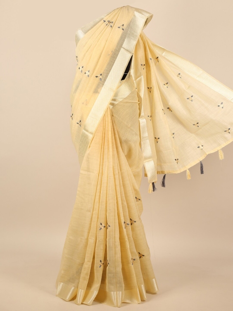 

Pothys Cream-Coloured & Gold-Toned Floral Embroidered Zari Saree