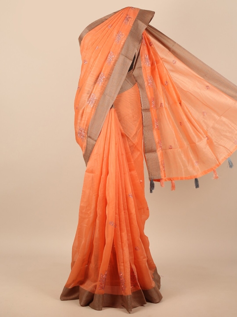 

Pothys Orange & Peach-Coloured Floral Embroidered Zari Saree