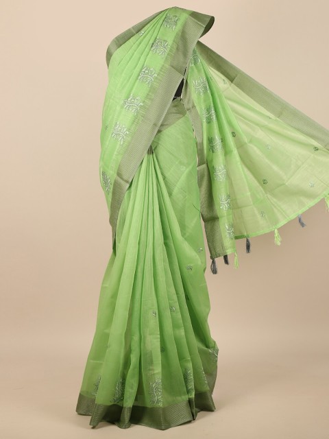 

Pothys Green & Grey Floral Embroidered Zari Saree