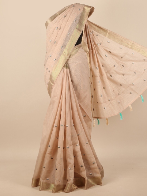 

Pothys Tan & Gold-Toned Floral Embroidered Zari Saree