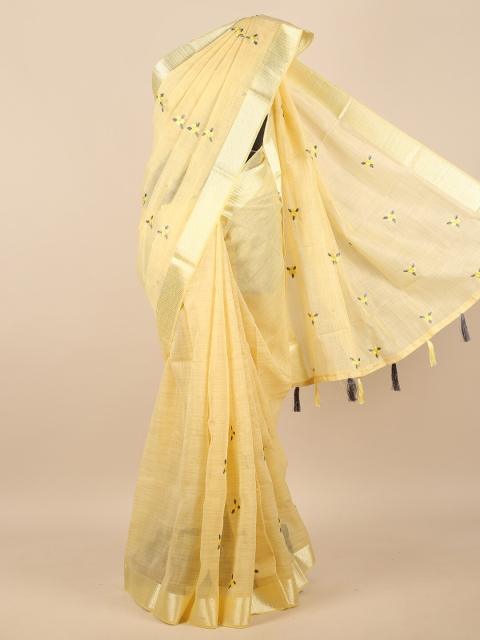

Pothys Yellow & Gold-Toned Floral Embroidered Zari Saree