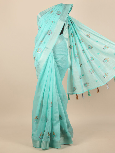 

Pothys Turquoise Blue & Silver-Toned Floral Embroidered Mirror Work Saree