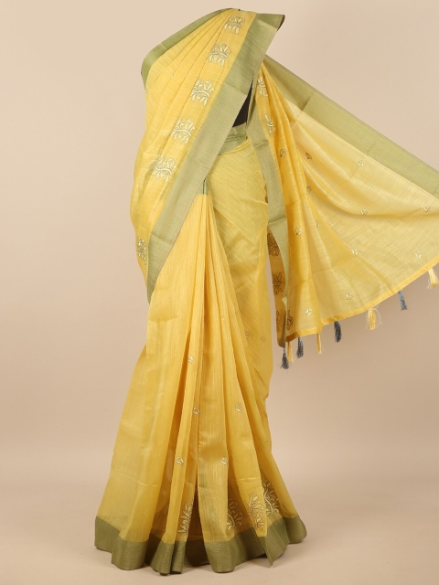 

Pothys Yellow & Green Floral Embroidered Zari Saree