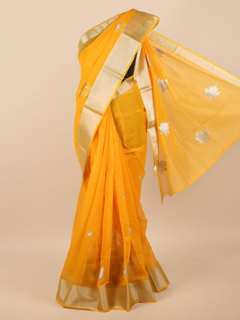 

Pothys Yellow & Gold-Toned Floral Embroidered Zari Saree