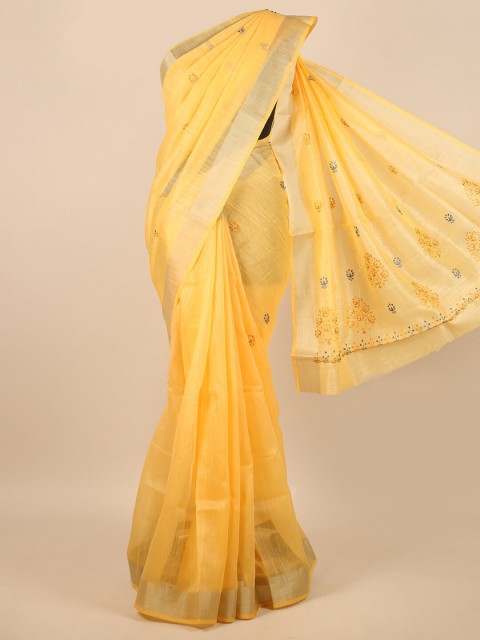 

Pothys Yellow & Silver-Toned Floral Embroidered Zari Saree
