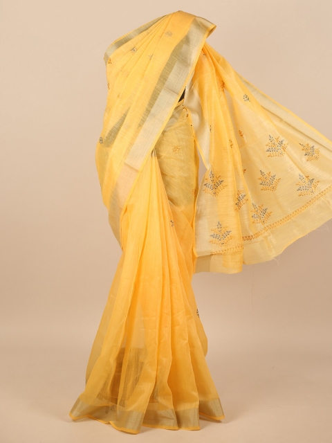 

Pothys Yellow & Silver-Toned Floral Embroidered Zari Saree