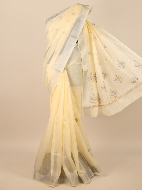 

Pothys Cream-Coloured & Silver-Toned Floral Embroidered Zari Saree