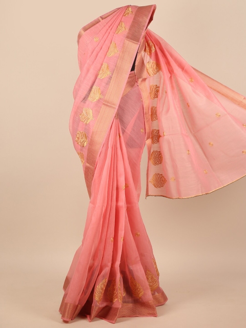 

Pothys Pink & Gold-Toned Floral Embroidered Zari Saree