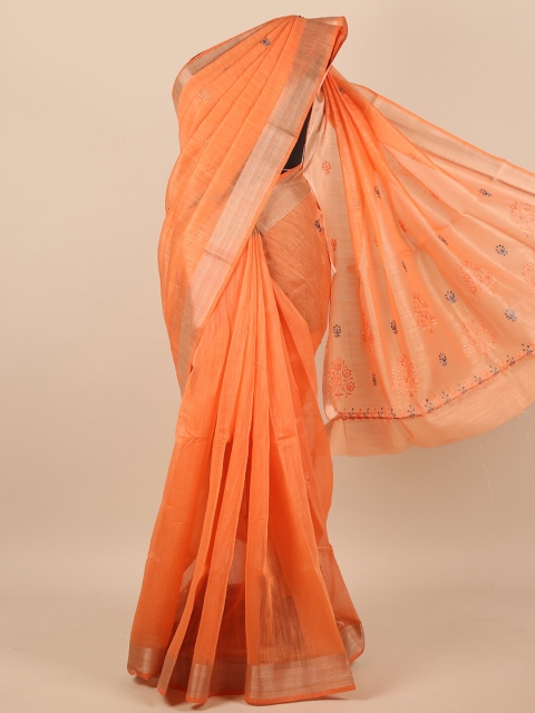 

Pothys Orange & Silver-Toned Floral Embroidered Zari Saree