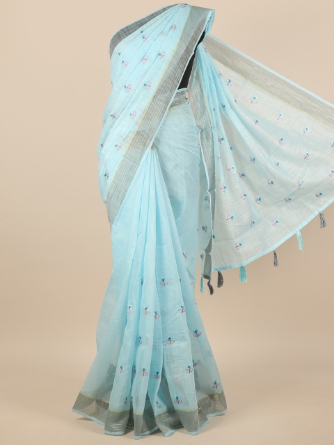 

Pothys Turquoise Blue & Grey Floral Embroidered Zari Saree