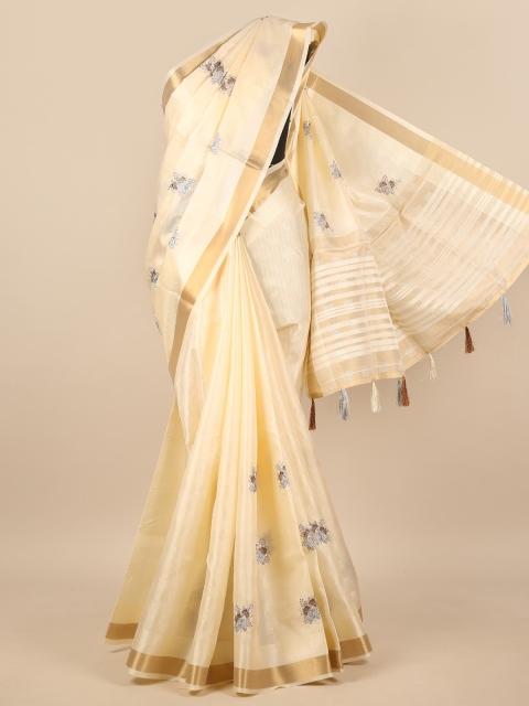 

Pothys Cream-Coloured & Gold-Toned Floral Embroidered Zari Saree