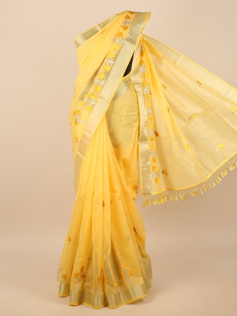 

Pothys Yellow & Gold-Toned Floral Embroidered Zari Saree