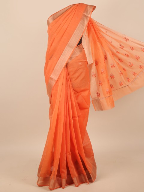 

Pothys Orange & Grey Floral Embroidered Zari Saree