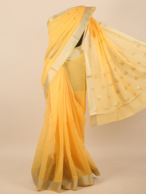 

Pothys Yellow & Gold-Toned Floral Embroidered Zari Saree