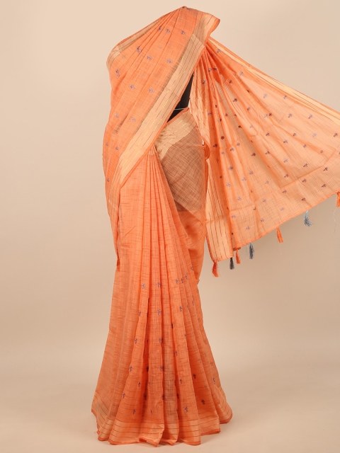 

Pothys Orange & Gold-Toned Floral Embroidered Zari Saree