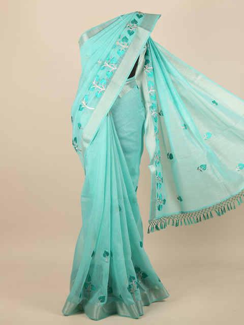 

Pothys Turquoise Blue & Silver-Toned Floral Embroidered Zari Saree