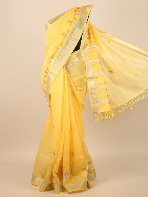 

Pothys Yellow & Silver-Toned Floral Embroidered Zari Saree