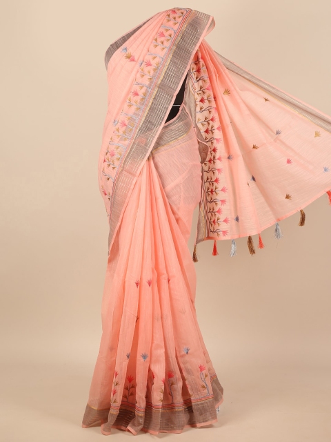 

Pothys Pink & Grey Floral Embroidered Zari Saree