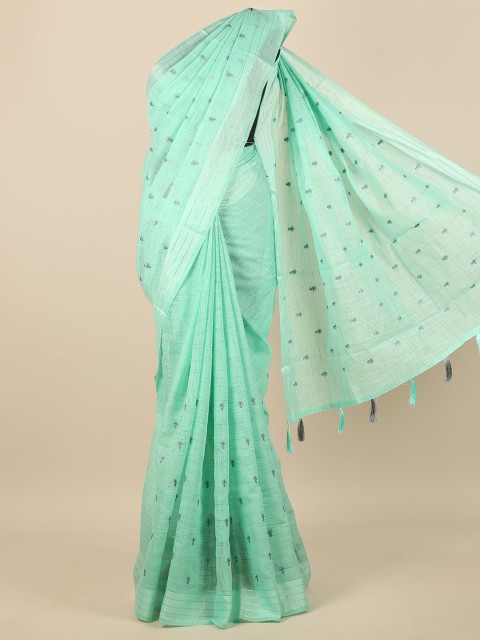 

Pothys Sea Green & Silver-Toned Floral Embroidered Zari Saree