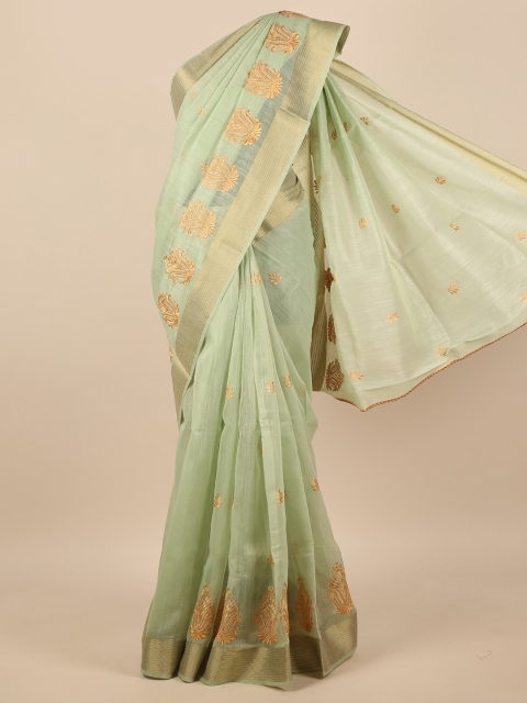 

Pothys Green & Gold-Toned Floral Embroidered Zari Saree