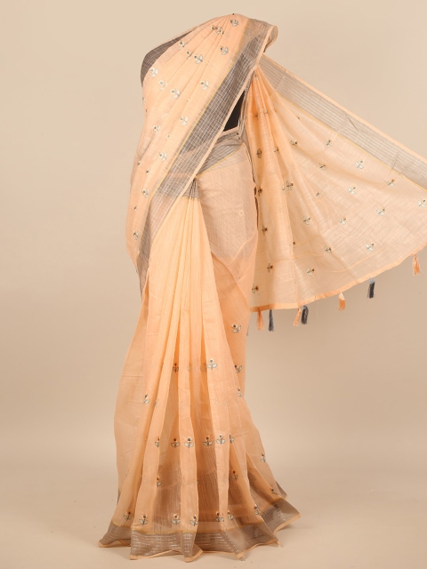

Pothys Peach-Coloured & Off White Floral Embroidered Zari Saree