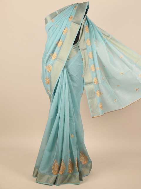 

Pothys Blue & Gold-Toned Floral Embroidered Zari Saree