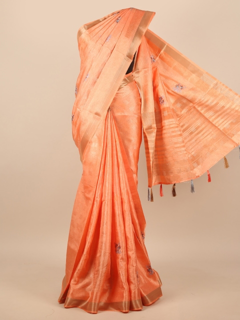 

Pothys Orange & Gold-Toned Floral Embroidered Zari Saree