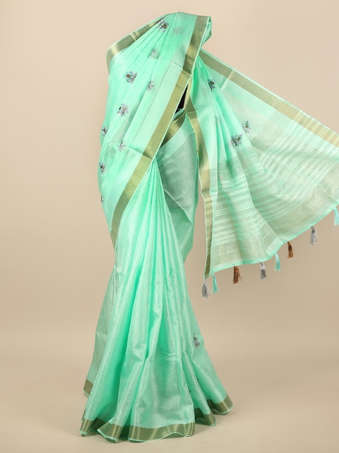 

Pothys Sea Green & Gold-Toned Floral Embroidered Zari Saree