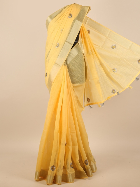 

Pothys Yellow & Gold-Toned Floral Embroidered Zari Saree